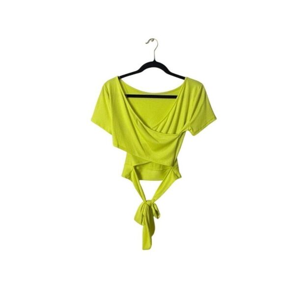 Lime Green LUSH Womens Wrap Tie Top Ribbed Short Sleeve M - Picture 2 of 6